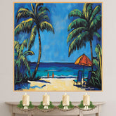 Tropical Beach Scene – Colorful Palm Tree and Ocean Folk Art Print on Ready to Hang 1.5" Thick Canvas Wrap, Floating Framed Canvas, Flat Rolled Canvas